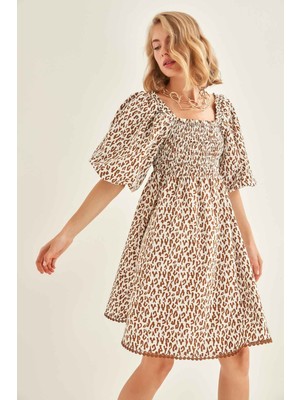 Vitrin Leopar Desenli Balon Kol Elbise