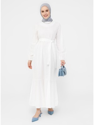 Refka Eteği Volanlı Kuşaklı Elbise - Off White - Refka Casual
