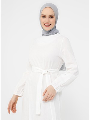 Refka Eteği Volanlı Kuşaklı Elbise - Off White - Refka Casual