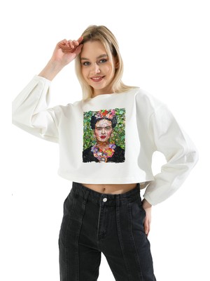 Maymuun Design Düğmelerle Frida Kahlo Temalı Baskılı Balon Kol Crop Sweatshirt
