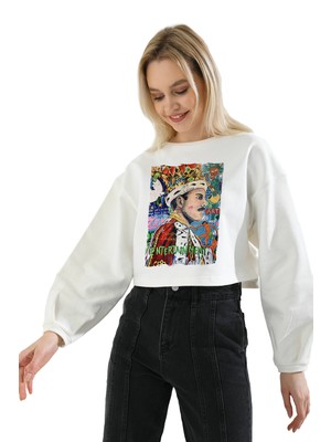 Maymuun Design Kral Freddie Temalı Pop Art Balon Kol Crop Sweatshirt