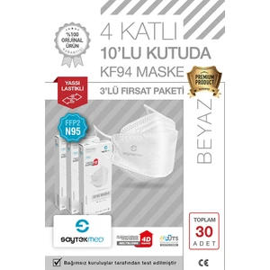 Saytekmed N95/FFP2 Kore Tipi 4 Katlı Beyaz Maske, Tekli Poşet, Uv Steril (3 Kutu / 30 Adet)