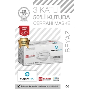 Saytekmed Yassı Lastikli, Meltblown Filtreli 3 Katlı Beyaz Cerrahi Maske (50 Adet/1 Kutu)