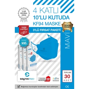 Saytekmed N95/FFP2 Kore Tipi 4 Katlı Mavi Maske, Tekli Poşet, Uv Steril (3 Kutu/30 Adet)