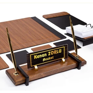 İsimlik Sepeti Ahşap Desenli Deri Sümen Seti Masif Masa Isimliği Sümen Takımı