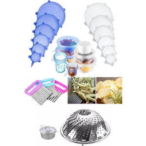 3lü Set Buharda Pişirme Aparatı Haşlama Sepeti  + Cips Patates Doğrayıcı + 6'lı Streç Silikon Kapak