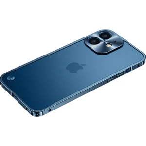 Apple iPhone 12 Için Düşmeye Dayanıklı Temperli Cam + Metal Mat Hibrit Telefon Kılıfı - Mavi (Yurt Dışından)