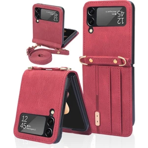 Galaxy Z Flip 3 5g Için Kartlıklı Pu Deri Kaplamalı Pc Uzun Kordonlu Koruyucu Telefon Kılıfı - Kırmızı (Yurt Dışından)
