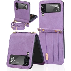 Galaxy Z Flip 3 5g Için Kartlıklı Pu Deri Kaplamalı Pc Uzun Kordonlu Koruyucu Telefon Kılıfı - Mor (Yurt Dışından)