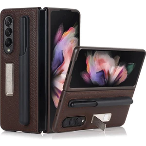 Galaxy Z Fold 3 5g Için Hakiki Deri + Pc Ayrılabilir Kalem Yuvalı Standlı Telefon Kılıfı - Kahverengi (Yurt Dışından)