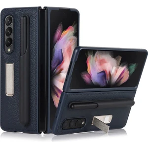 Galaxy Z Fold 3 5g Için Hakiki Deri + Pc Ayrılabilir Kalem Yuvalı Standlı Telefon Kılıfı - Mavi (Yurt Dışından)