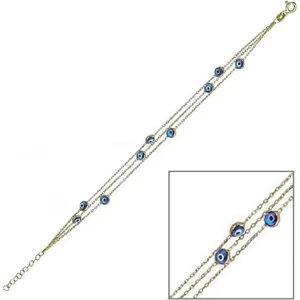 Rams Gümüş Üç Sıra Mavi Nazar 14 Ayar Altın Kaplama Bileklik