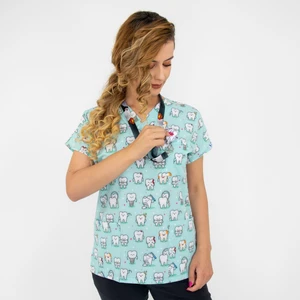 Nur Medikal Giyim Yeşil Diş Desenli Likralı Üst Forma