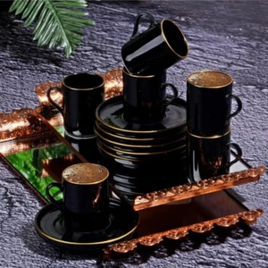Porselen New Bone 6'lı Siyah Altın Yaldızlı Kahve Fincan Takımı Dry-04