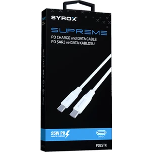 PD25TK Type-C to Type-C PD 25W Hızlı Data/Şarj Kablosu 1mt Beyaz