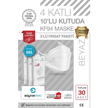 Saytekmed N95/FFP2 Kore Tipi 4 Katlı Beyaz Maske, Tekli Poşet, Uv Steril (3 Kutu / 30