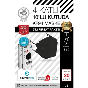 Saytekmed N95/FFP2 Kore Tipi 4 Katlı Siyah Maske, Tekli Poşet, Uv Steril (2 Kutu/ 20