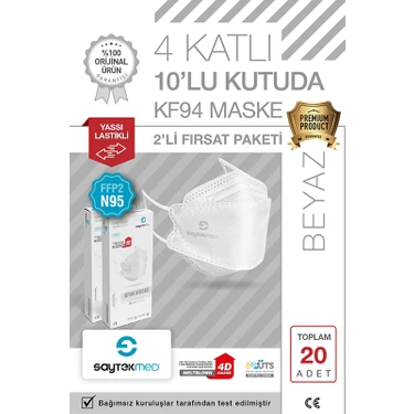 Saytekmed N95/FFP2 Kore Tipi 4 Katlı Beyaz Maske, Tekli Poşet, Uv Steril (2 Kutu/ 20