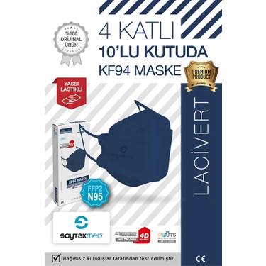 Saytekmed N95/FFP2 Kore Tipi 4 Katlı Lacivert Maske, Tekli Poşet, Uv Steril (1 Kutu/ 10