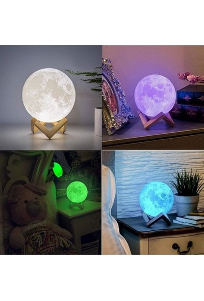 Realx 3D Standlı 5 Renk Değiştiren Büyük Boy Ay Gece Lambası Küre LED Başucu Lambası Usbli 15 cm
