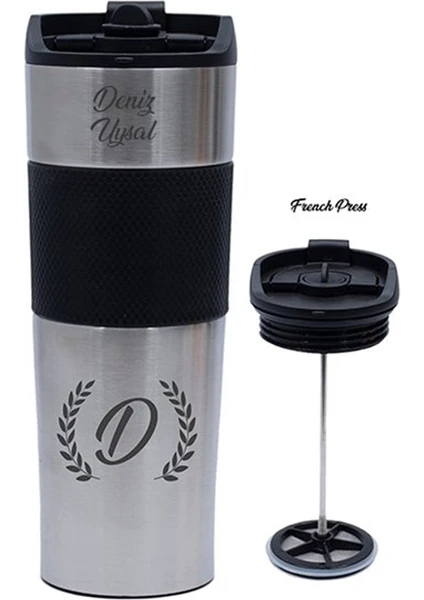 Hediye Rengi Isme Özel Premium French Press Çelik Termos 450 ml M1