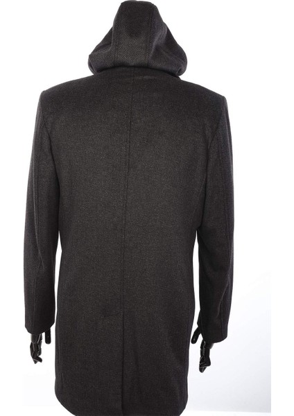 Kaşe Çıkma Kapşonlu Diz Üstü Palto-Antrasit fiyatları