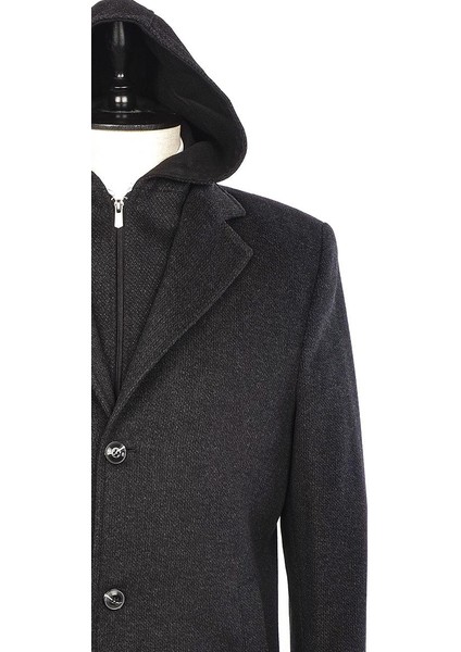 Kaşe Çıkma Kapşonlu Diz Üstü Palto-Antrasit modelleri