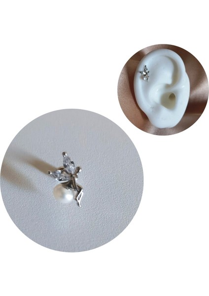 925 Ayar Gümüş Perili Piercing/küpe. Bar Uzunluğu 6mm