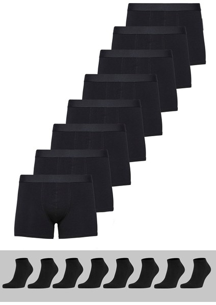 Erkek 8 Çorap + 8 Boxer Pamuklu Likralı Ekonomik Paket