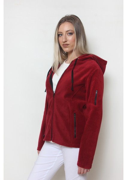 Kadın Bordo Kapüşonlu Polar Hırka modelleri