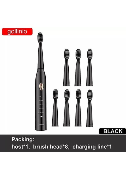 Gollinio Sonic Elektrikli Diş Fırçası Yetişkin Zamanlayıcı Fırçası 5 Modu Usb Şarj Şarj Edilebilir Diş Fırçaları Değiştirme Kafaları Set Gl15A (Gl15 Siyah 8 Kafa) (Yurt Dışından)