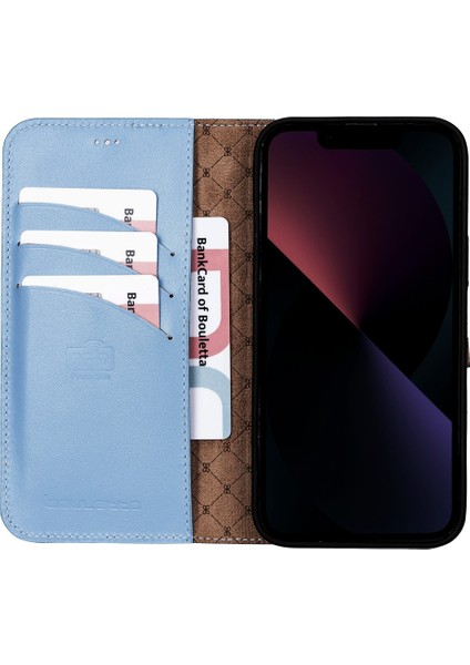 Apple iPhone 13 Pro Max Uyumlu Deri Cüzdanlı Kılıf Nu5 Bebe Mavisi