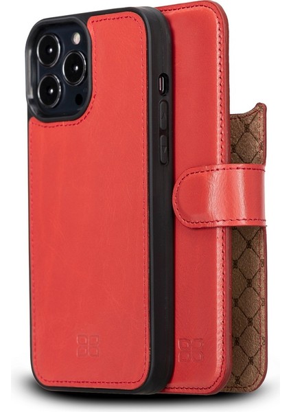 Apple iPhone 13 Pro Max Uyumlu Deri Cüzdanlı Kılıf Nu7 Nar Çiçeği