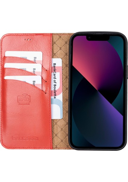 Apple iPhone 13 Pro Max Uyumlu Deri Cüzdanlı Kılıf Nu7 Nar Çiçeği