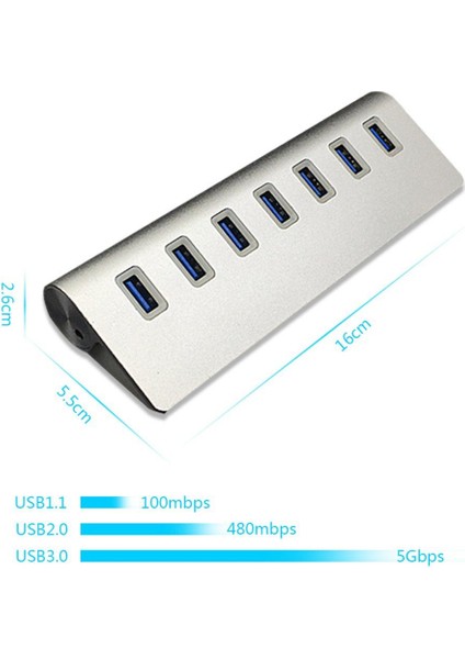 7 Bağlantı Noktalı USB 3.0 Hub & AC Güç Adaptörü - Gümüş (Yurt Dışından)