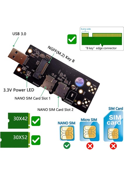 Ngff M.2 Anahtar B - Çift Nano'lu USB 3.0 Adaptör Yükseltici Kartıwwan/lte Modülü Için Konnektör Yuvası