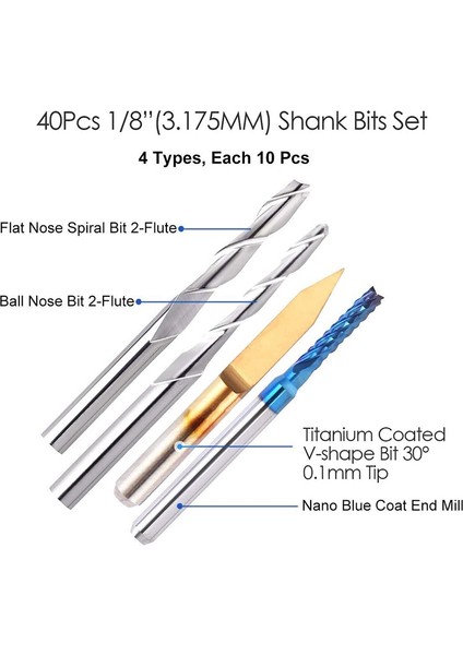 Flyeer 2020 40 Adet End Mill Gravür Uçları Seti Cnc Freze Uçları Kesme Freze Aracı Gravür Kesici 1/8 Inç Shank Tungsten Çelik