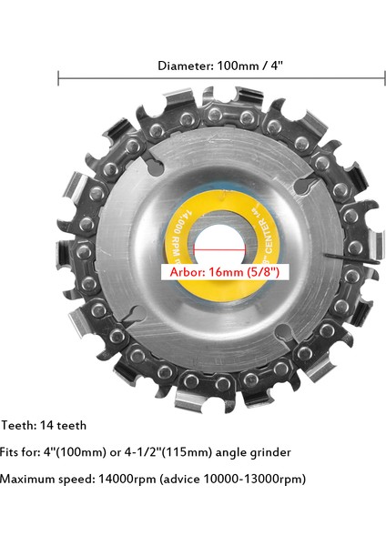 Peri Hikayesi 4 Inç 14 Diş Öğütücü Zincir Diski 16MM Arbor Ahşap Oyma Diski 100/115 Açı Öğütücüler Için indirimleri