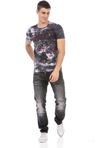 Cipo & Baxx CT629 Antrasit Desenli Vintage Biker T-Shirt