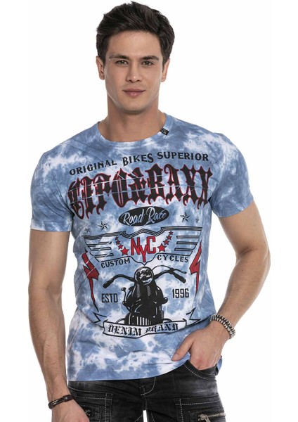 CT629 Mavi Desenli Vintage Biker T-Shirt