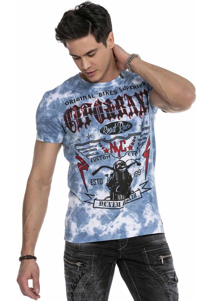 CT629 Mavi Desenli Vintage Biker T-Shirt fiyatları