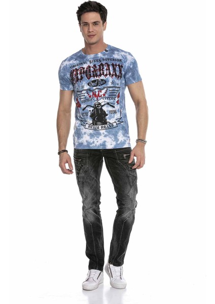 CT629 Mavi Desenli Vintage Biker T-Shirt fırsatları