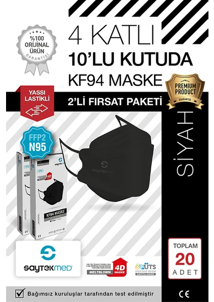 Saytekmed N95/FFP2 Kore Tipi 4 Katlı Siyah Maske, Tekli Poşet, Uv Steril (2 Kutu/ 20 Adet)