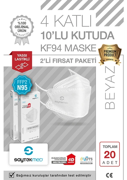 Saytekmed N95/FFP2 Kore Tipi 4 Katlı Beyaz Maske, Tekli Poşet, Uv Steril (2 Kutu/ 20 Adet)