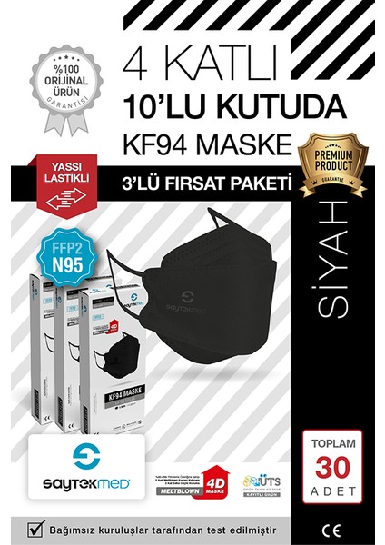 Saytekmed N95/FFP2 Kore Tipi 4 Katlı Siyah Maske, Tekli Poşet, Uv Steril (3 Kutu / 30 Adet)