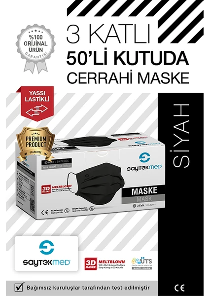 Saytekmed Meltblown Filtreli Yassı Ipli 3 Katlı Siyah Cerrahi Maske (50 Adet/1 Kutu)