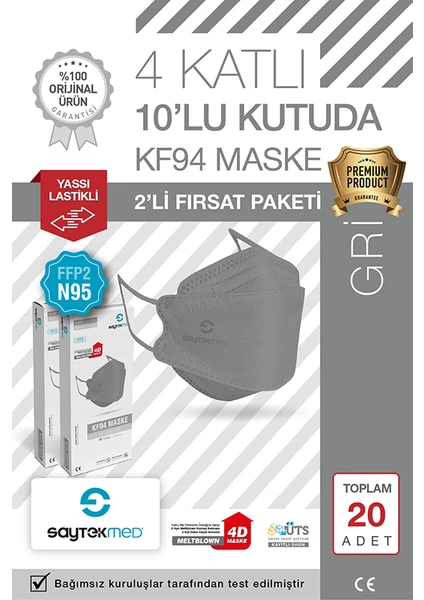 Saytekmed N95/FFP2 Kore Tipi 4 Katlı Gri Maske, Tekli Poşet, Uv Steril (2 Kutu/ 20 Adet)