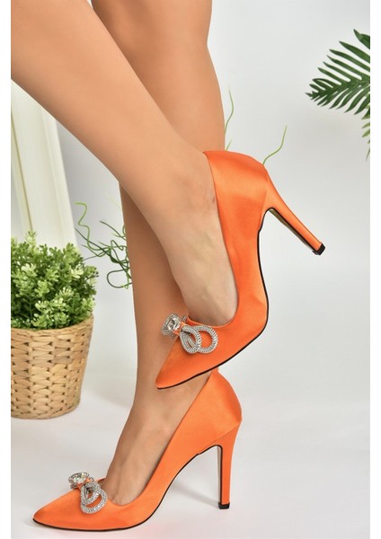 Turuncu Saten Kumaş Taşlı Kadın Stiletto M253972004 modelleri