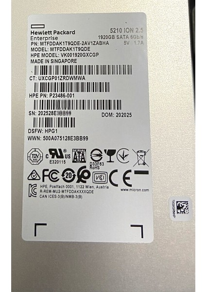 1.92TB Hpe VK001920GXCGP Micron MTFDDAK1T9QDE-2AV1ZAB 5210 Ion 2.5 P23486-001 Sata SSD fiyatları