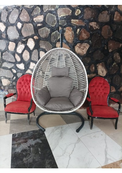 Açık Gri (Atnrasir Gri Minderli) Bahçe Balkon Tek Kişilik Makrome İp Örgü Fındık Salıncak Hamak